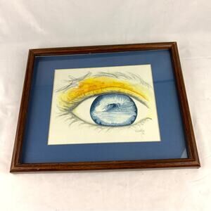 Vintage Realistic Eye‎ Drawing 1990s Artist Signed Matted + Framed Wall Art